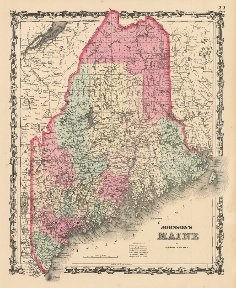 Vintage Map Print: Johnson's Maine, 1862