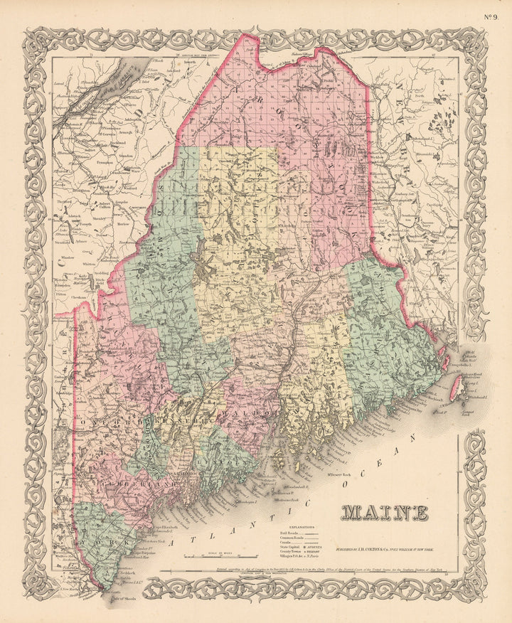 Vintage Map Print of Maine by Joseph H. Colton, 1856