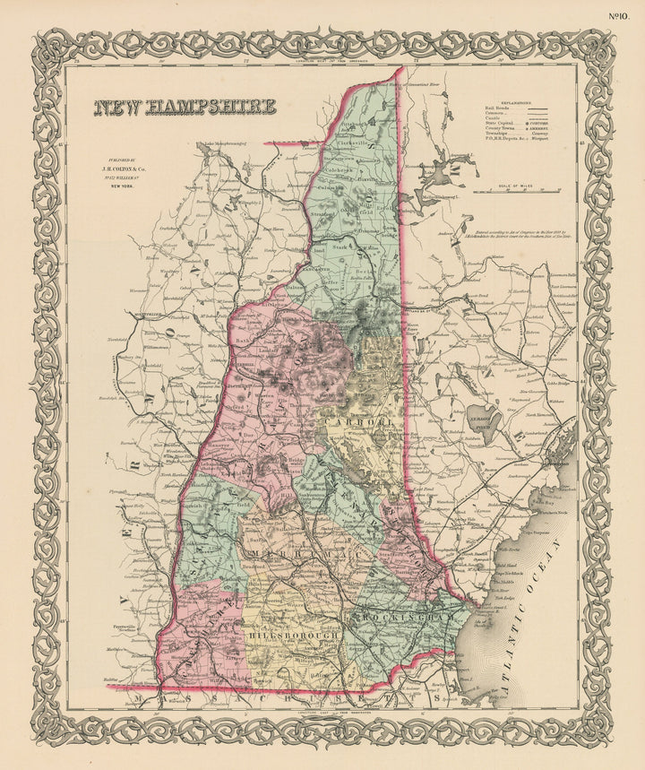 Vintage Map Print of New Hampshire by: Joseph H. Colton, 1856