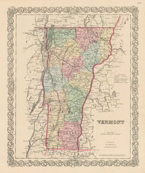 Vintage Map Print of Vermont by Joseph H. Colton, 1856