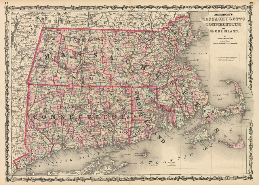 Vintage Map Print: Johnson's Massachusetts Connecticut and Road Island, 1861