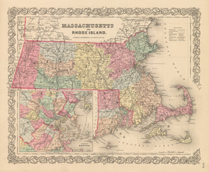 Vintage Map Print: Massachusetts and Rhode Island by: Colton, 1856