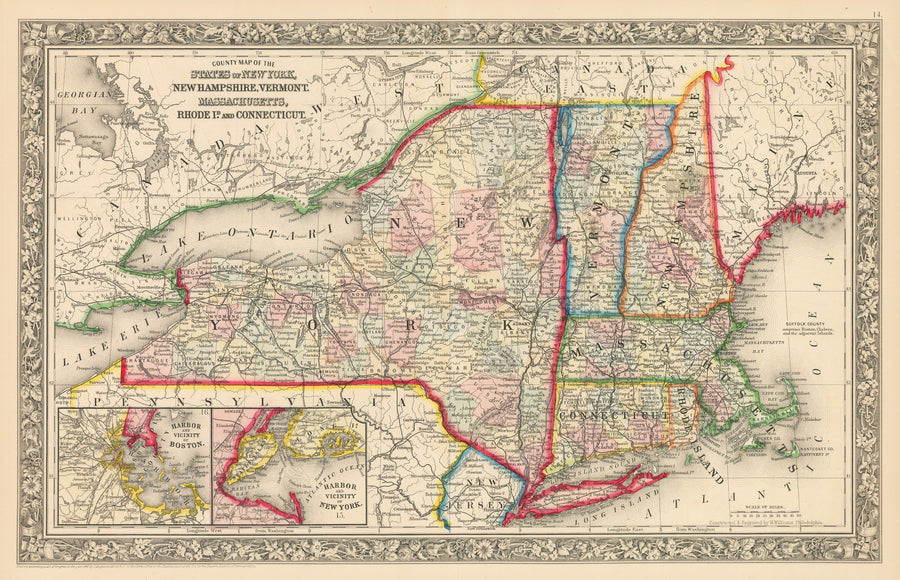 County Map of the States of New York, New Hampshire, Vermont, Massachusetts, Rhode Island, and Connecticut By: Samuel Augustus Mitchell Jr. Date of Original: 1856