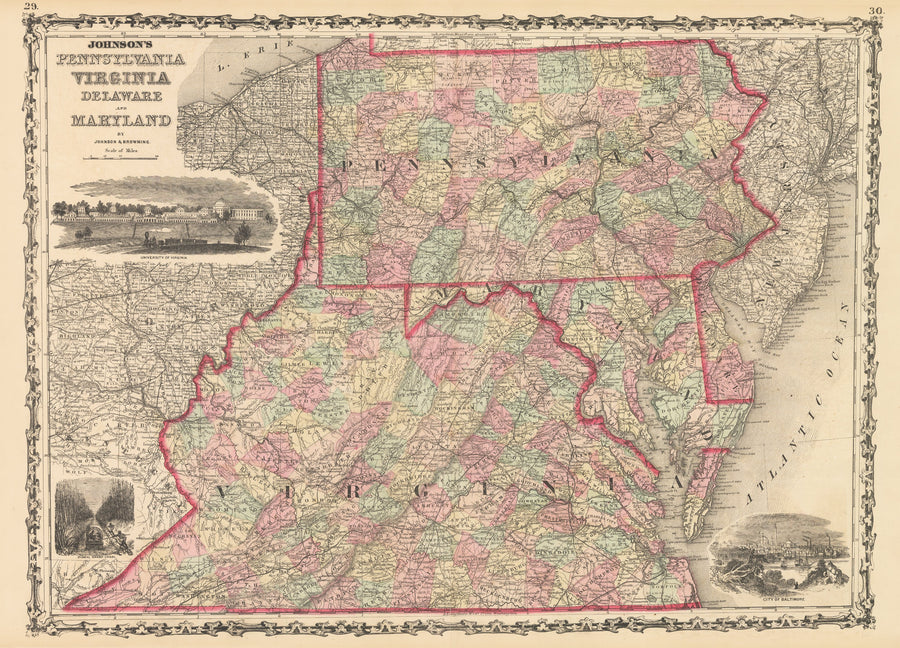 Vintage Map Print of Pennsylvania Virginia Delaware and Maryland by: Johnson and Browning, 1861