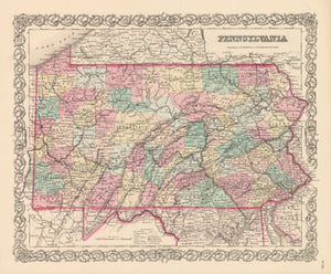 Vintage Map Print of Pennsylvania by: Joseph H. Colton, 1856
