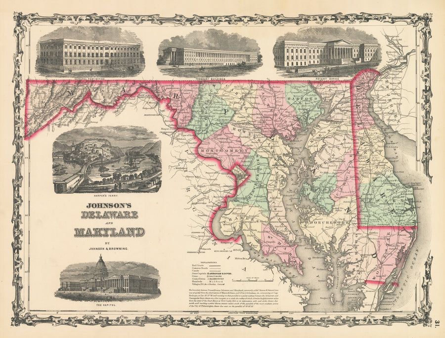 Vintage Map Print: Johnson's Delaware and Maryland by: Johnson & Browning, 1861
