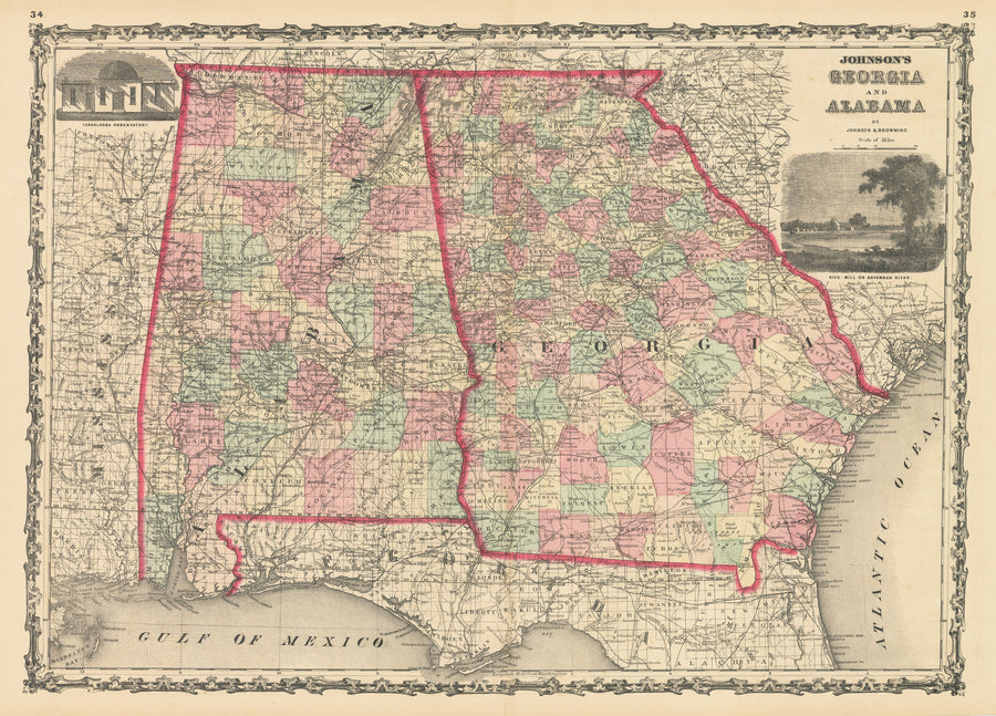 Vintage Map Print: Johnson's Georgia and Alabama , 1861