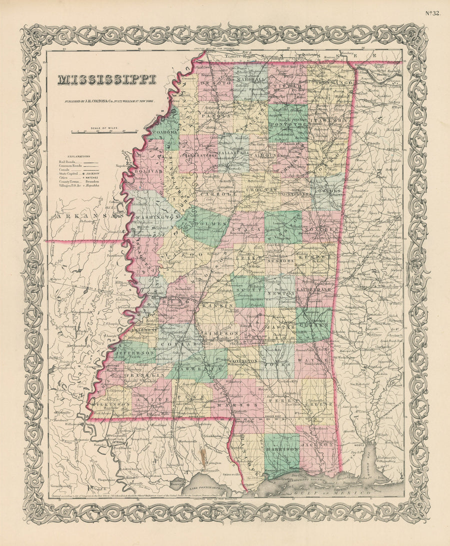 Vintage Map Print of Mississippi by: Joseph H. Colton, 1856