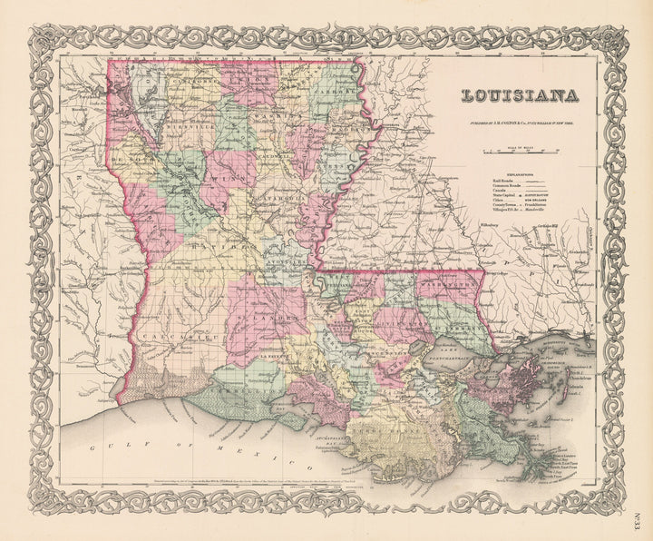 Vintage Map Print of Louisiana by: Joseph H. Colton, 1856