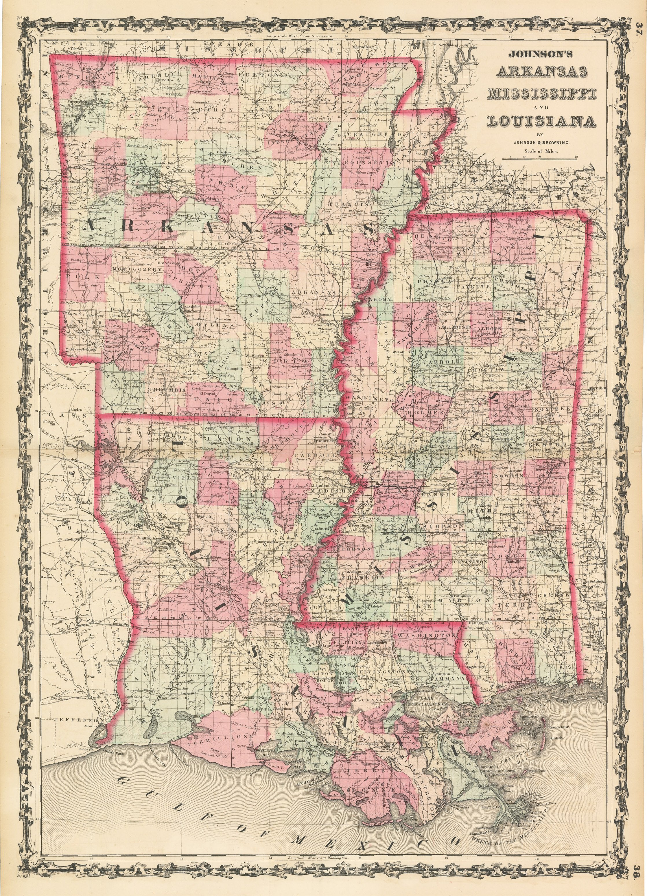 Arkansas, Louisiana and Mississippi, Road and Tourist Map, America.