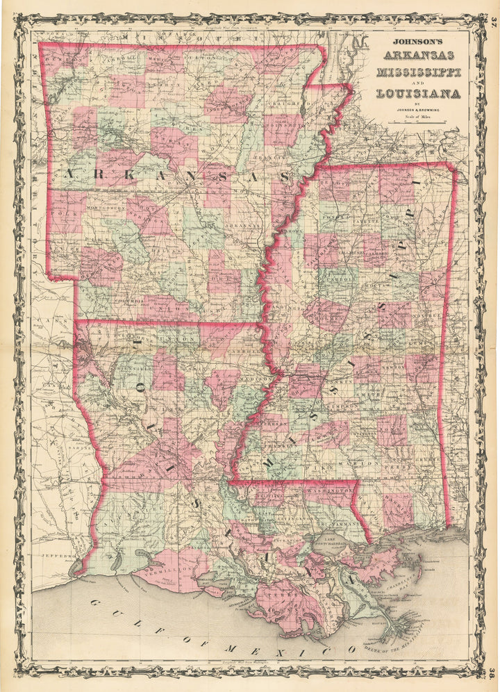 Vintage Map Print: Johnson's Arkansas Mississippi and Louisiana, 1861