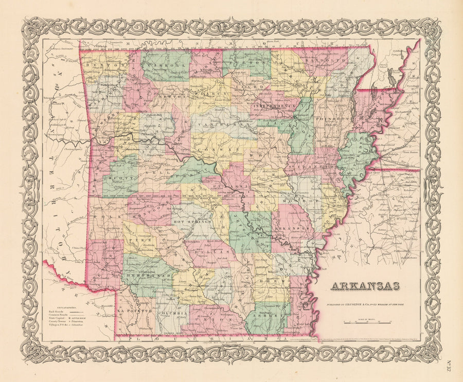 Vintage Map Print of Arkansas by: Joseph H. Colton, 1856