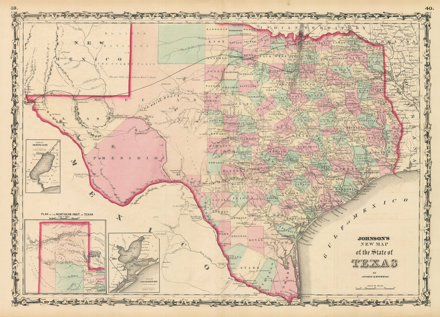 Vintage Map Print: Johnson's New Map of the State of Texas, 1861