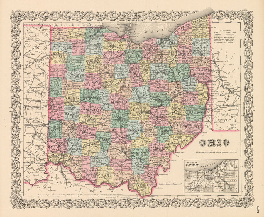 Vintage Map Print of Ohio by: Joseph H. Colton, 1856