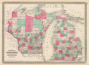 Vintage Map Print: Johnson's Wisconsin and Michigan, 1866