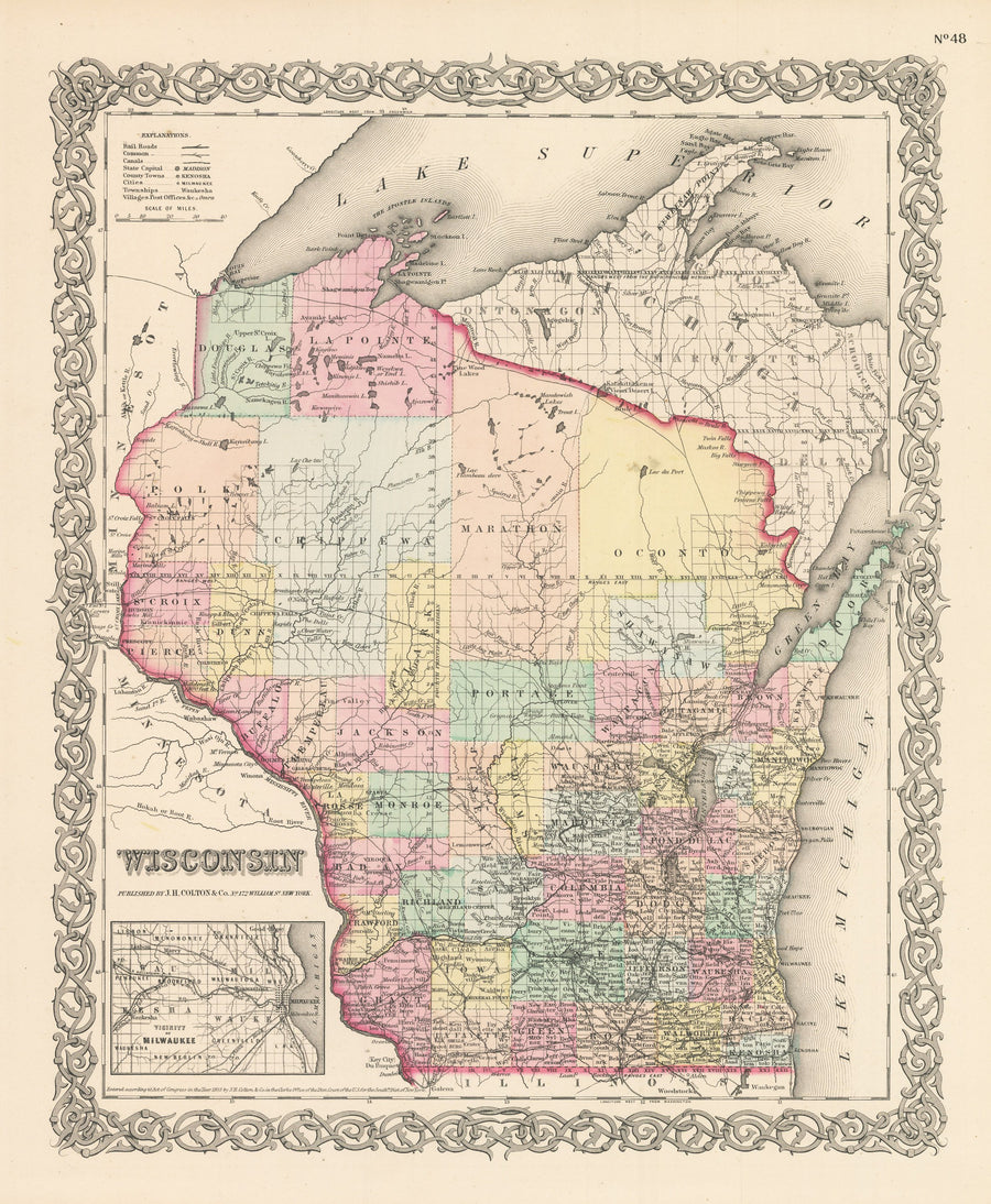 Vintage Map Print of Wisconsin by: Joseph H. Colton, 1856