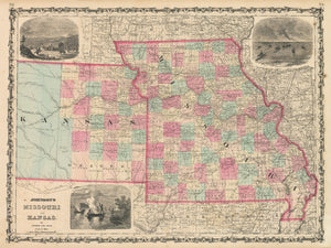 Vintage Map Print: Johnson's Missouri and Kansas, 1862