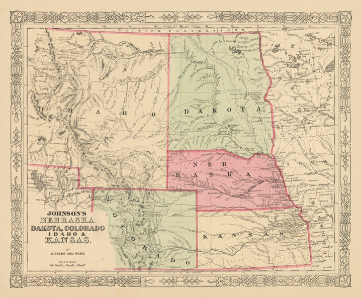 Vintage Map Print: Johnson's Nebraska, Dakota, Colorado, & Kansas, 1863