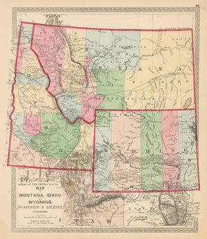 Vintage Map Print of Montana, Idaho, and Wyoming by Warner & Beers, 1872 