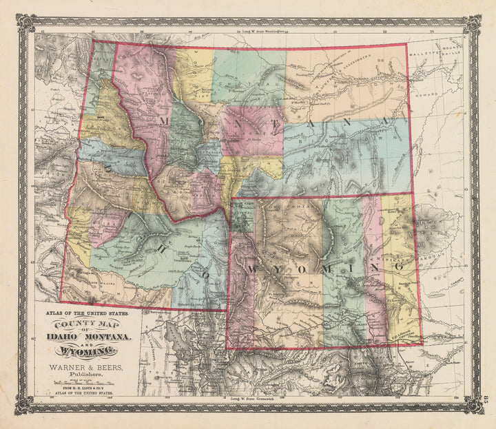 Vintage Map Print of Idaho, Montana and Wyoming by Warner & Beers, 1875 