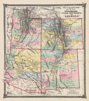 Vintage Map Print: County Map of Colorado, Utah, New Mexico, and Arizona by: Warner & Beers, 1875 