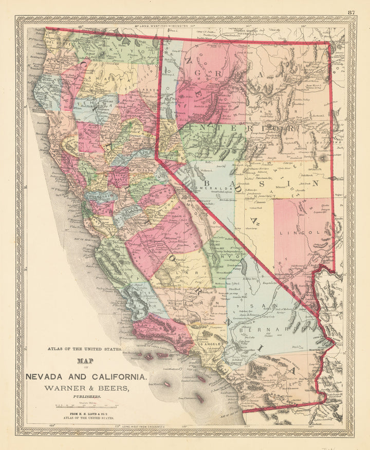 Vintage Map Print of Nevada and California by: Warner & Beers, 1872