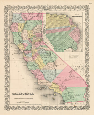 Vintage Map Print of California and San Francisco by: Colton, 1856
