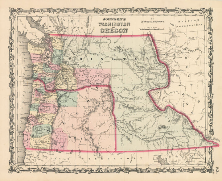 Vintage Map Print: Johnson's Washington and Oregon, 1861