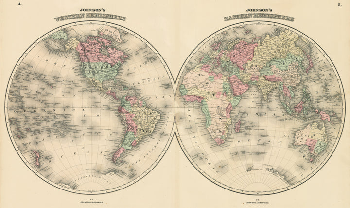 Vintage Map Print: Johnson's Western Hemisphere / Eastern Hemisphere, 1861