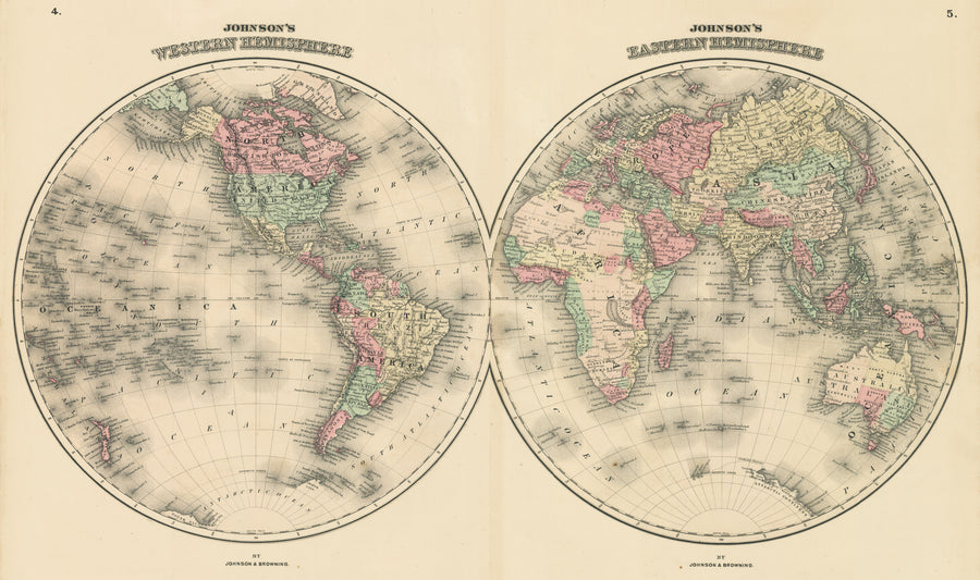 Vintage Map Print: Johnson's Western Hemisphere / Eastern Hemisphere, 1861