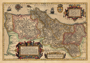 Authentic Antique Map of Portugal: Portugalliae que olim Lusitania, Novissima et Exactissima Descriptio, Auctore Vernando Alvaro Secco, et de Integro Emendata, Anno 1600. By: Mercator / Hondius  Date: 1623 (published) Amsterdam