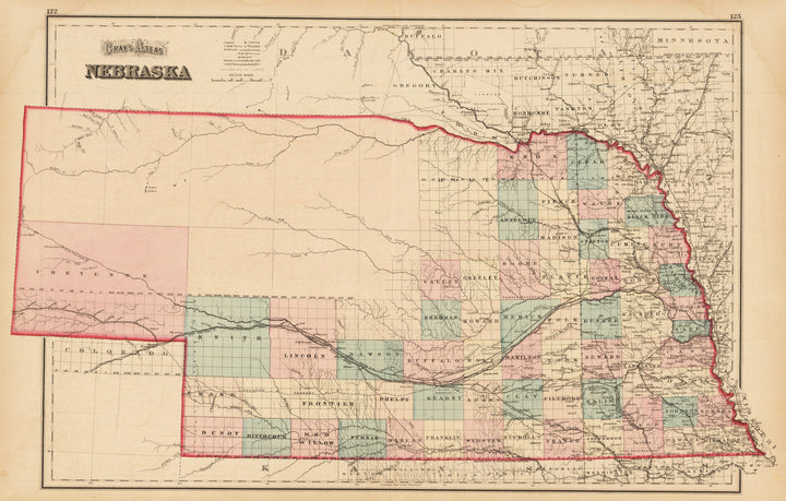 Gray's Atlas Nebraska  By: Gray Date: 1873 (Published) New York  Size: 23 x 16 inches - Vintage, map, nebraska, gray